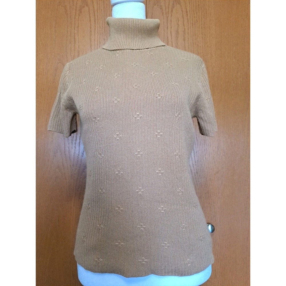 Rena Rowan Womens Turtleneck Silk/Angora Short Sleeve Ribbed Knit Tan Sweater PL